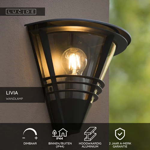 Lucide LIVIA - Wandlamp Binnen/Buiten - 1xE27 - IP44 - Zwart - USP